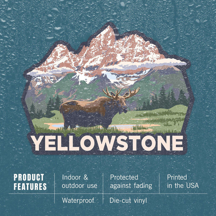 Yellowstone National Park, Wyoming, Moose & Mountains, Contour, Lantern Press Artwork, Vinyl Sticker Sticker Lantern Press 