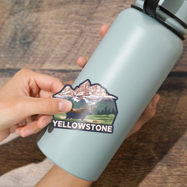 Yellowstone National Park, Wyoming, Moose & Mountains, Contour, Lantern Press Artwork, Vinyl Sticker Sticker Lantern Press 