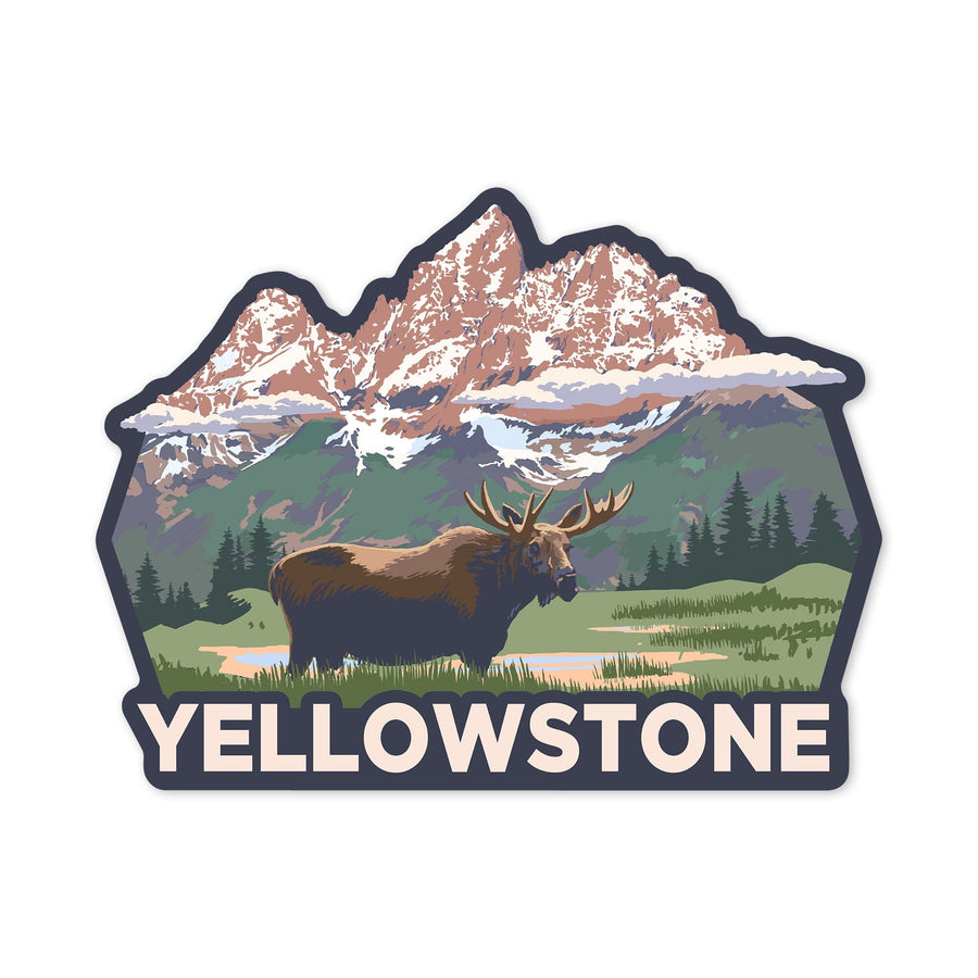 Yellowstone National Park, Wyoming, Moose & Mountains, Contour, Lantern Press Artwork, Vinyl Sticker Sticker Lantern Press 