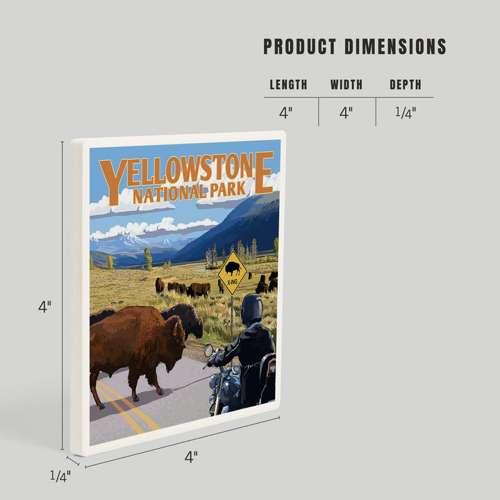 Yellowstone National Park, Wyoming, Motorcycle and Bison, Coasters Coasters Lantern Press 