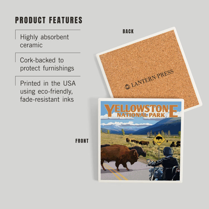Yellowstone National Park, Wyoming, Motorcycle and Bison, Coasters Coasters Lantern Press 