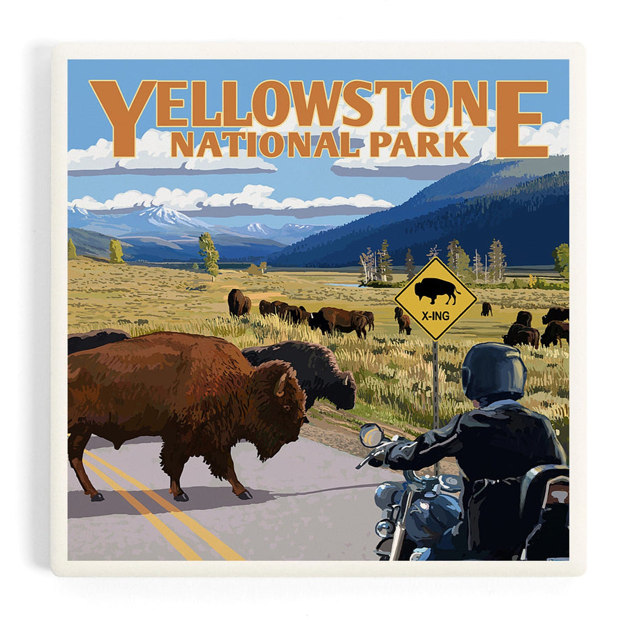 Yellowstone National Park, Wyoming, Motorcycle and Bison, Coasters Coasters Lantern Press 