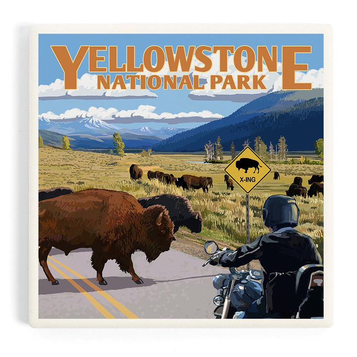 Yellowstone National Park, Wyoming, Motorcycle and Bison, Coasters Coasters Lantern Press Coaster 