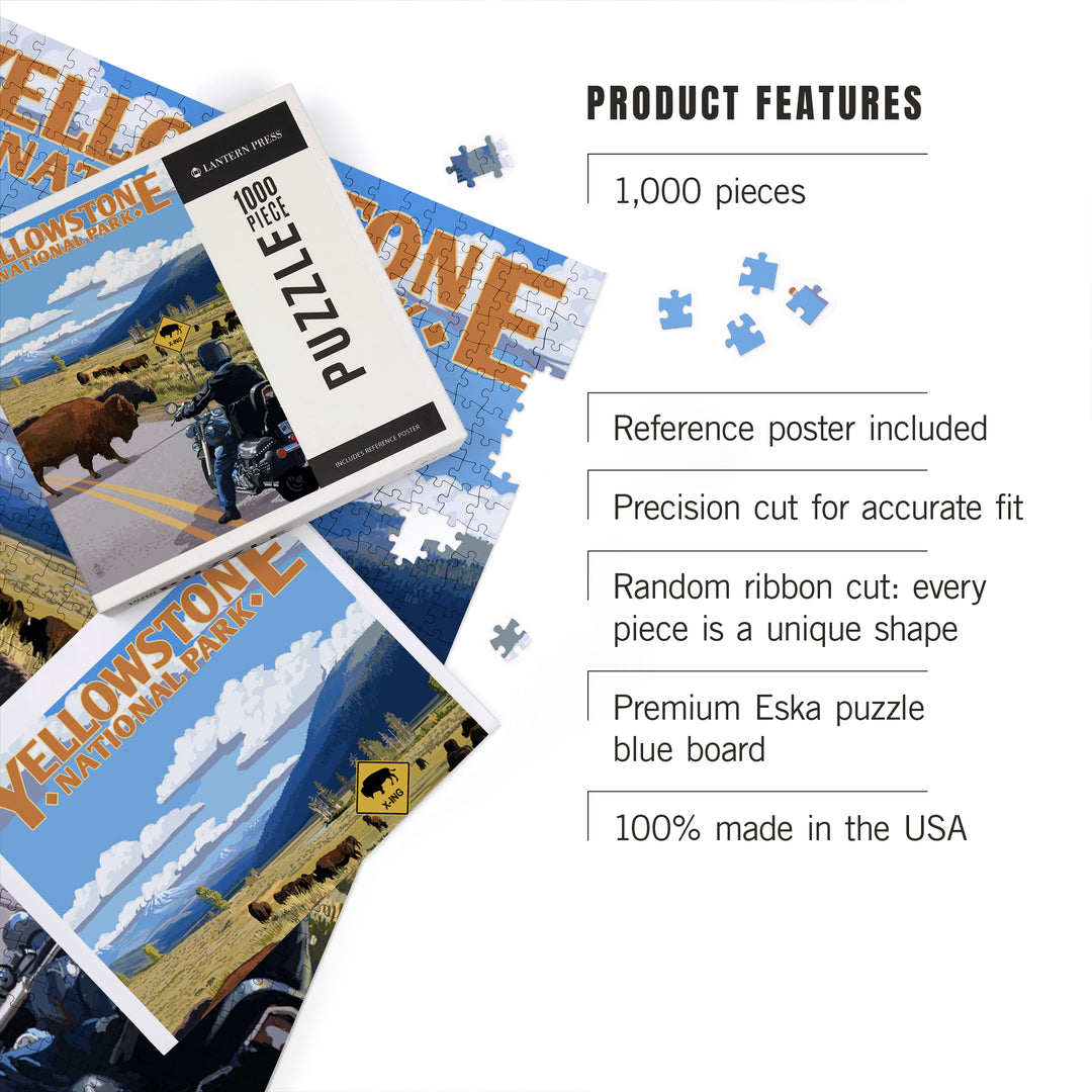Yellowstone National Park, Wyoming, Motorcycle and Bison, Jigsaw Puzzle Puzzle Lantern Press 