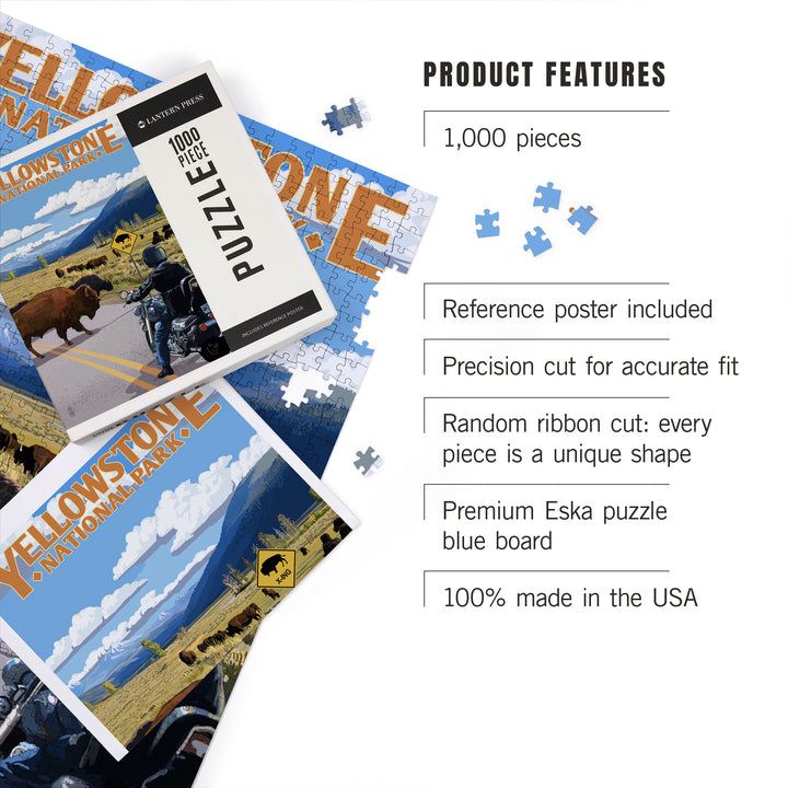 Yellowstone National Park, Wyoming, Motorcycle and Bison, Jigsaw Puzzle Puzzle Lantern Press 