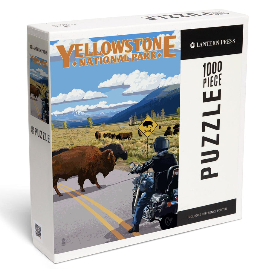 Yellowstone National Park, Wyoming, Motorcycle and Bison, Jigsaw Puzzle Puzzle Lantern Press 