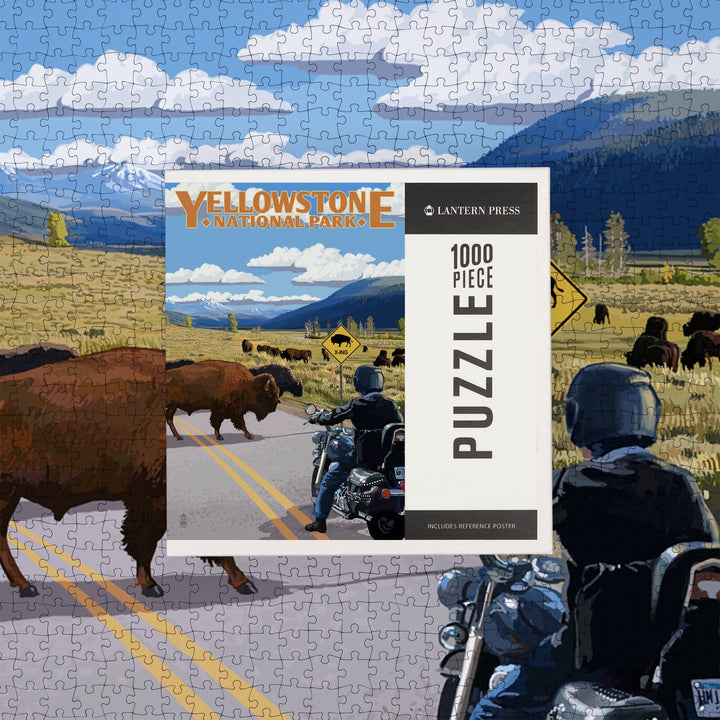 Yellowstone National Park, Wyoming, Motorcycle and Bison, Jigsaw Puzzle Puzzle Lantern Press 