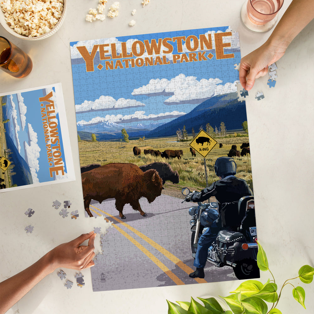 Yellowstone National Park, Wyoming, Motorcycle and Bison, Jigsaw Puzzle Puzzle Lantern Press 