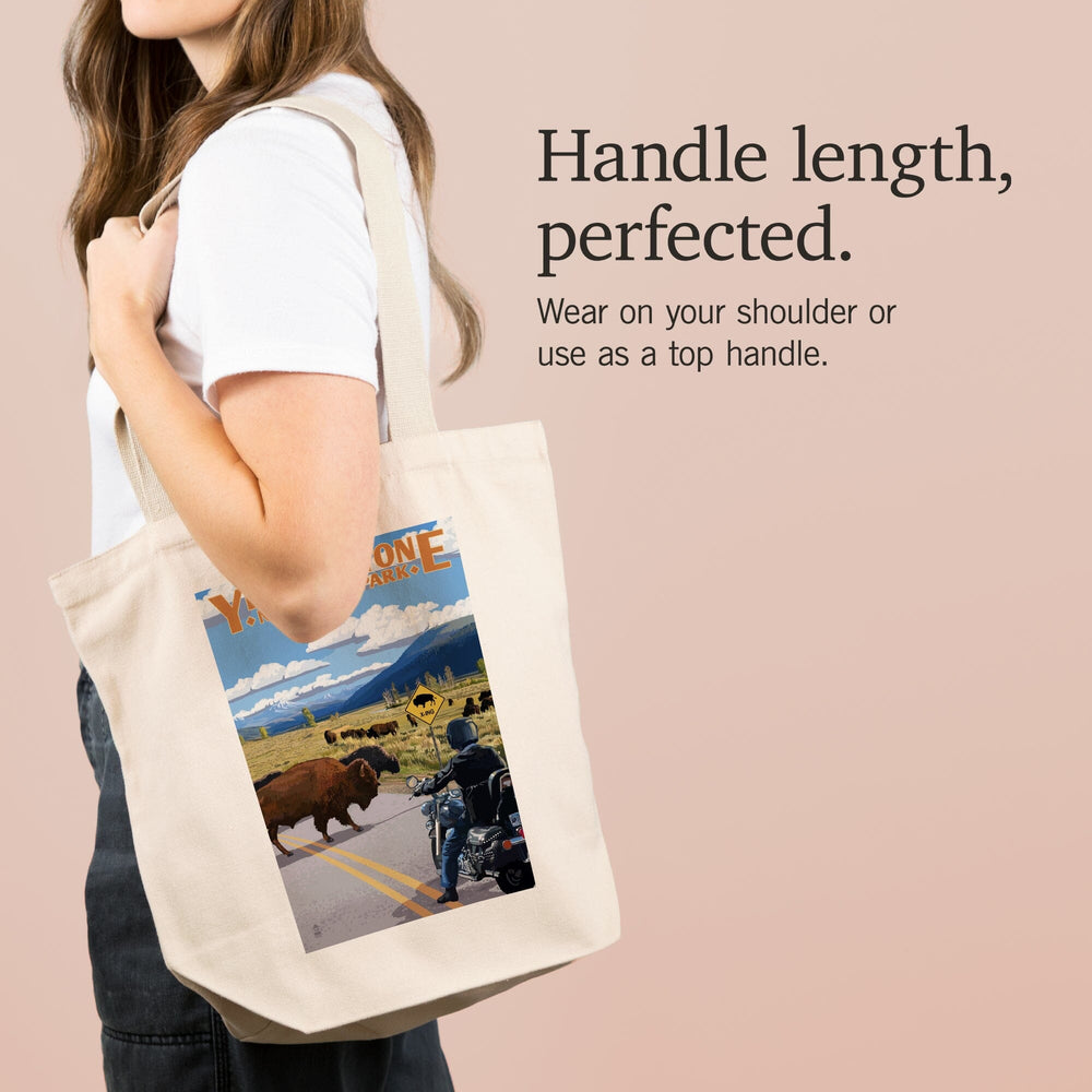 Yellowstone National Park, Wyoming, Motorcycle and Bison, Tote Bag Totes Lantern Press 