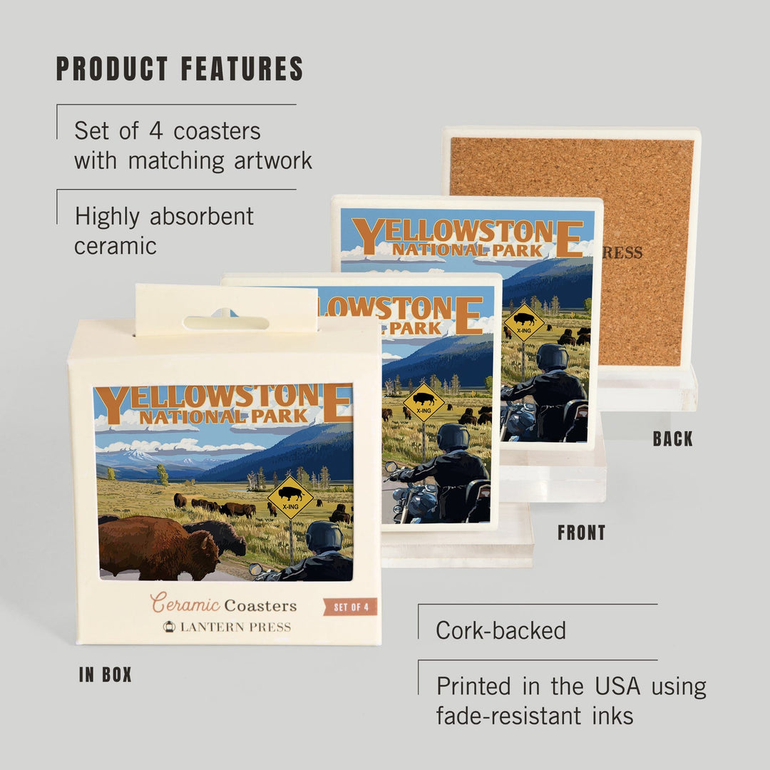 Yellowstone National Park, Wyoming, Motorcycle & Bison, Lantern Press Artwork, Coaster Set Coasters Lantern Press 