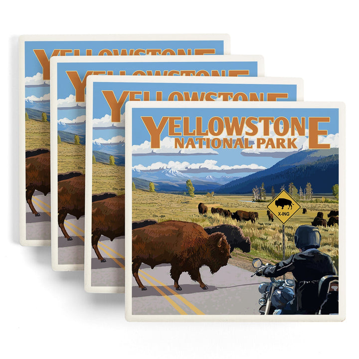 Yellowstone National Park, Wyoming, Motorcycle & Bison, Lantern Press Artwork, Coaster Set Coasters Lantern Press 