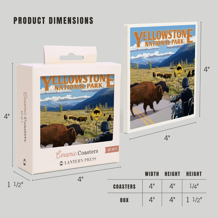 Yellowstone National Park, Wyoming, Motorcycle & Bison, Lantern Press Artwork, Coaster Set Coasters Lantern Press 