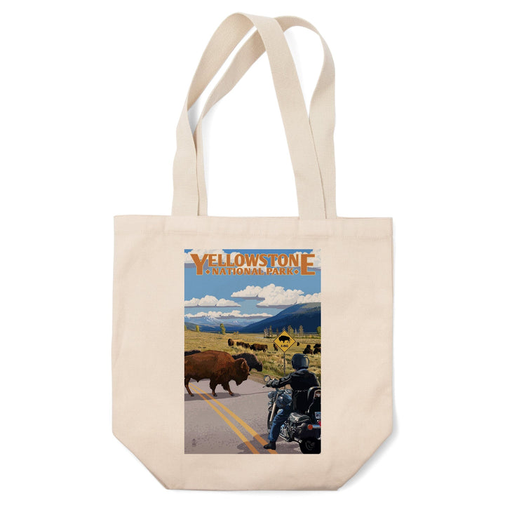 Yellowstone National Park, Wyoming, Motorcycle & Bison, Lantern Press Artwork, Tote Bag Totes Lantern Press 
