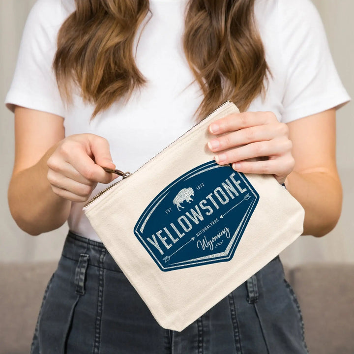 Yellowstone National Park, Wyoming, Navy Background,, Organic Cotton Zipper Pouch, Go Bag Go Bag Lantern Press 