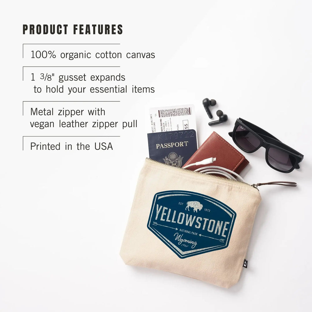 Yellowstone National Park, Wyoming, Navy Background,, Organic Cotton Zipper Pouch, Go Bag Go Bag Lantern Press 