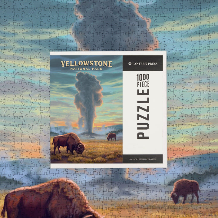 Yellowstone National Park, Wyoming, Oil Painting, Old Faithful Eruption, Jigsaw Puzzle Puzzle Lantern Press 
