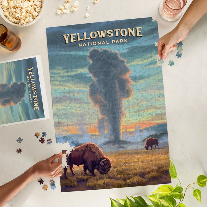 Yellowstone National Park, Wyoming, Oil Painting, Old Faithful Eruption, Jigsaw Puzzle Puzzle Lantern Press 