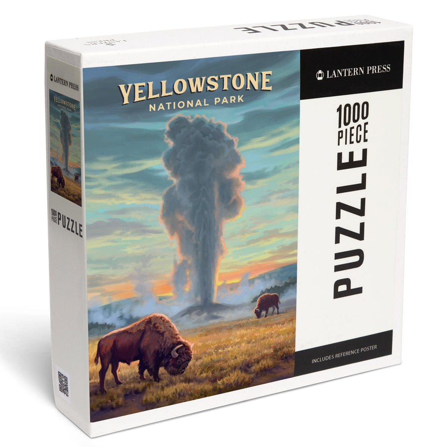 Yellowstone National Park, Wyoming, Oil Painting, Old Faithful Eruption, Jigsaw Puzzle Puzzle Lantern Press 