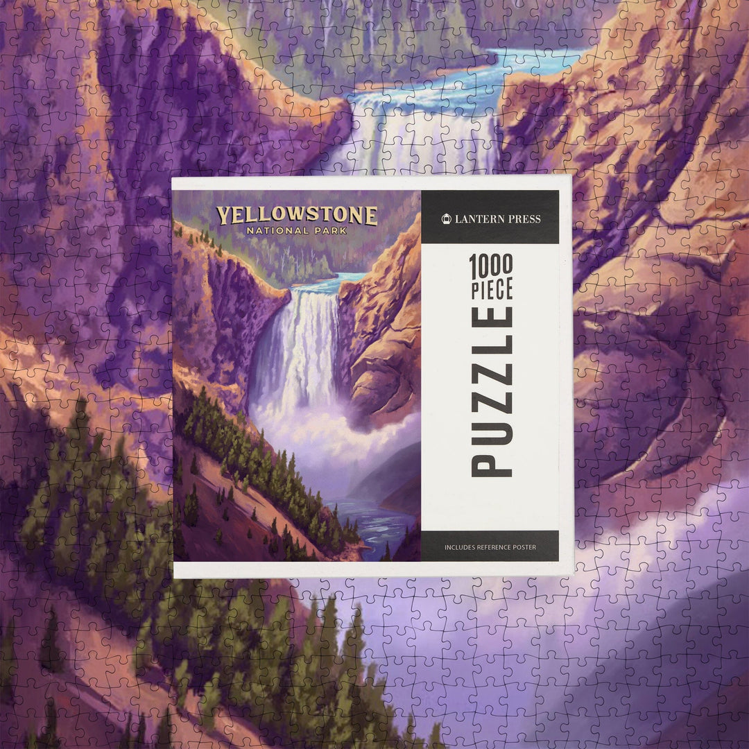 Yellowstone National Park, Wyoming, Oil Painting, Yellowstone Falls, Jigsaw Puzzle Puzzle Lantern Press 