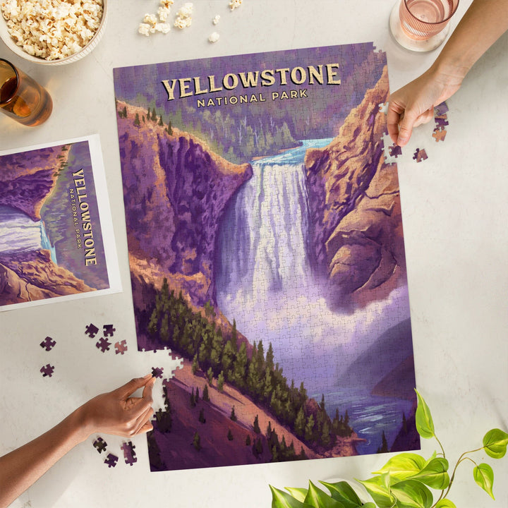Yellowstone National Park, Wyoming, Oil Painting, Yellowstone Falls, Jigsaw Puzzle Puzzle Lantern Press 