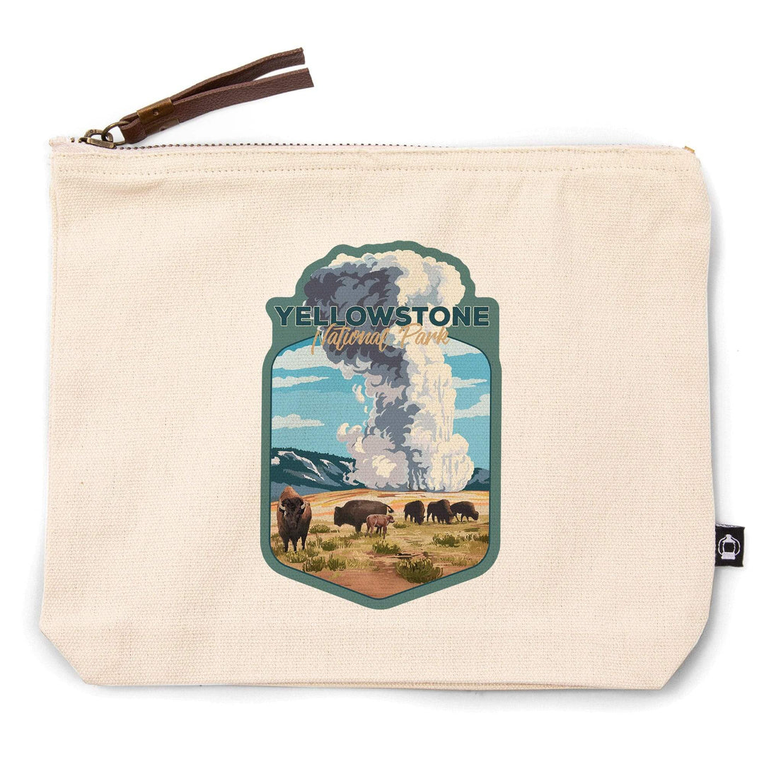 Yellowstone National Park, Wyoming, Old Faithful and Bison Herd,, Organic Cotton Zipper Pouch, Go Bag Go Bag Lantern Press 