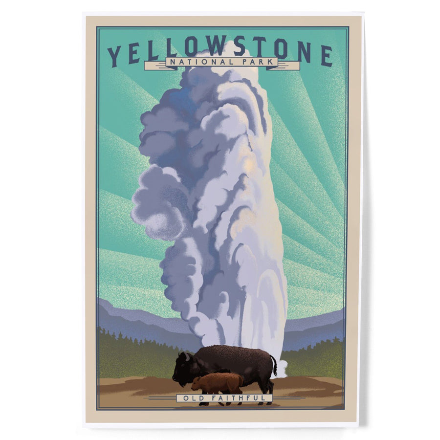 Yellowstone National Park, Wyoming, Old Faithful and Bison, Lithograph National Park Series, Art & Giclee Prints Art Lantern Press 