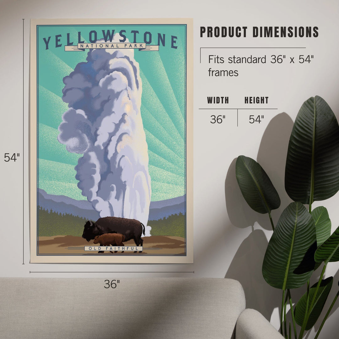 Yellowstone National Park, Wyoming, Old Faithful and Bison, Lithograph National Park Series, Art & Giclee Prints Art Lantern Press 