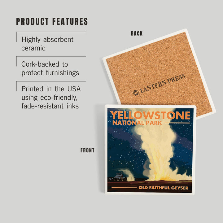 Yellowstone National Park, Wyoming, Old Faithful at Night, Coasters Coasters Lantern Press 