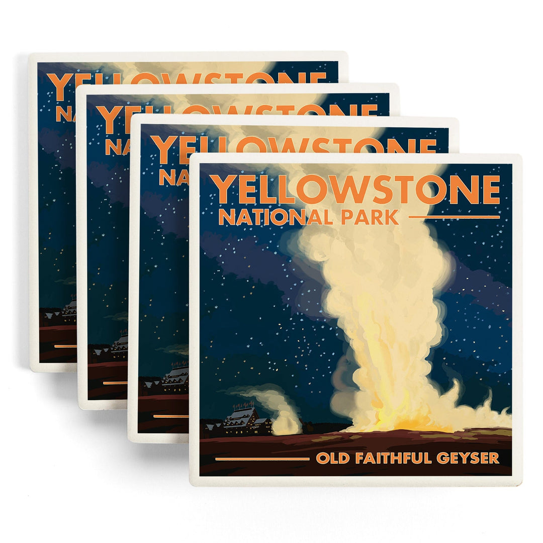 Yellowstone National Park, Wyoming, Old Faithful at Night, Coasters Coasters Lantern Press 