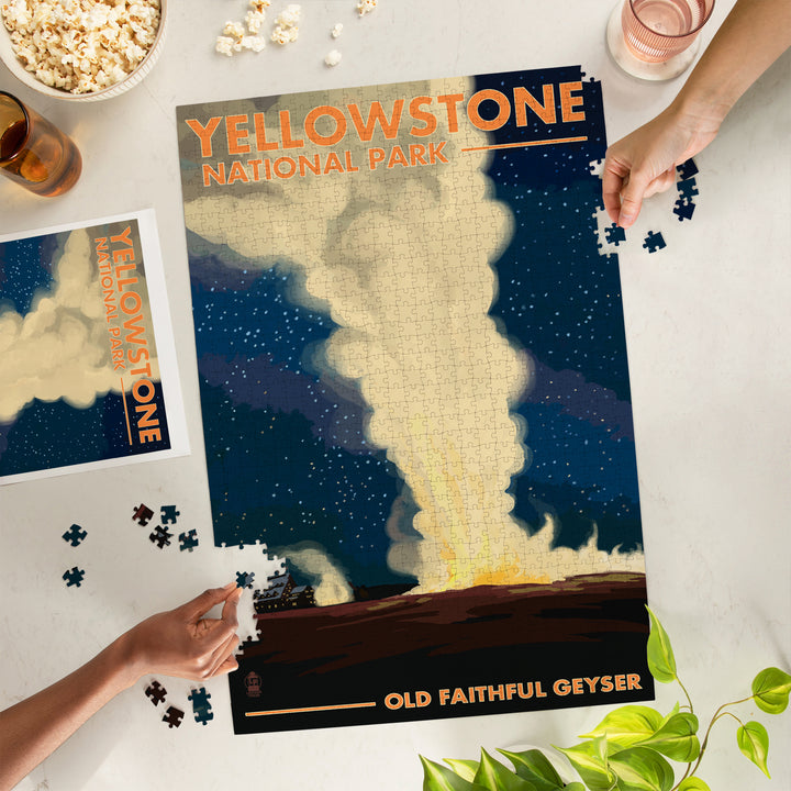 Yellowstone National Park, Wyoming, Old Faithful at Night, Jigsaw Puzzle Puzzle Lantern Press 