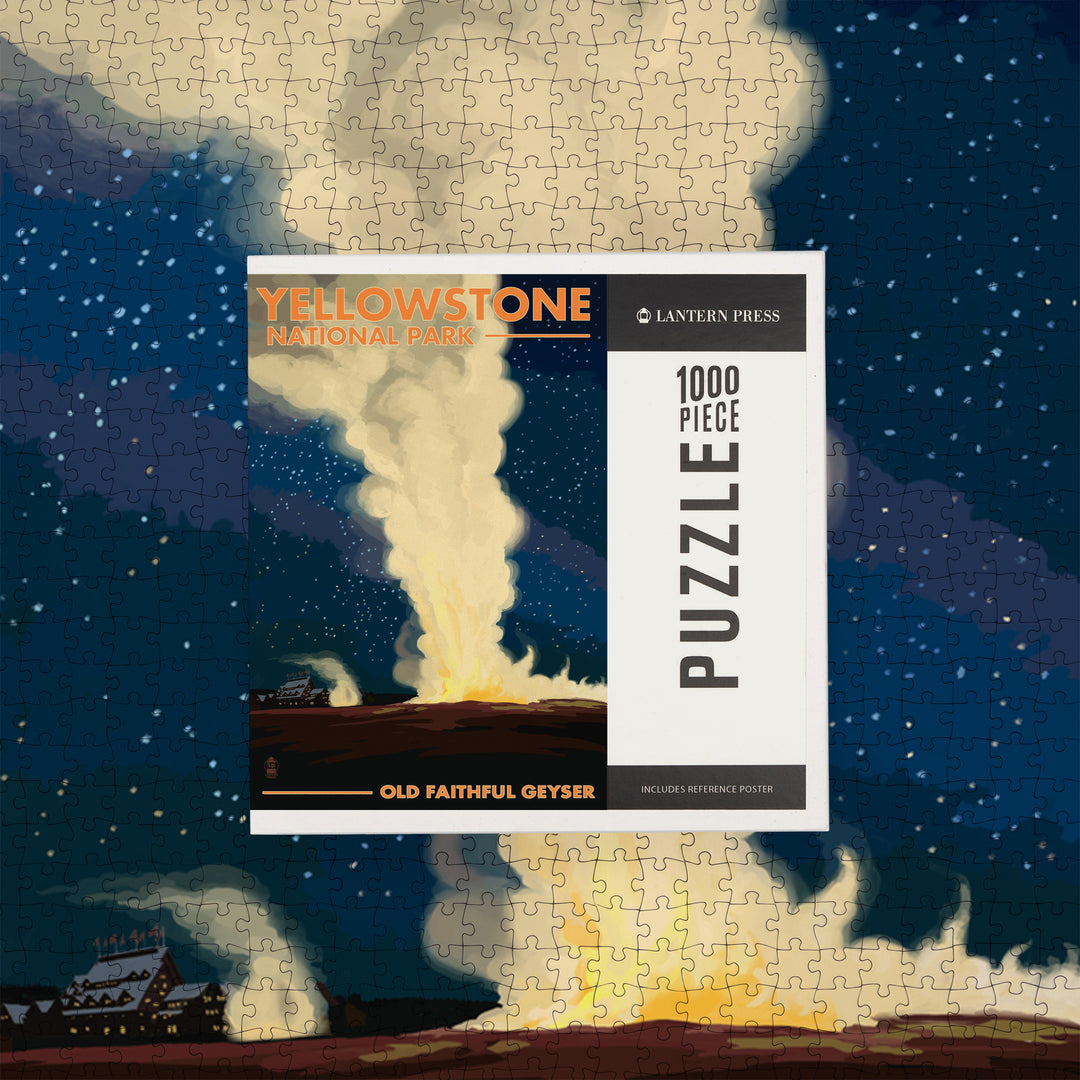 Yellowstone National Park, Wyoming, Old Faithful at Night, Jigsaw Puzzle Puzzle Lantern Press 