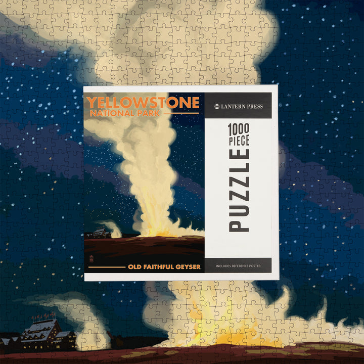 Yellowstone National Park, Wyoming, Old Faithful at Night, Jigsaw Puzzle Puzzle Lantern Press 