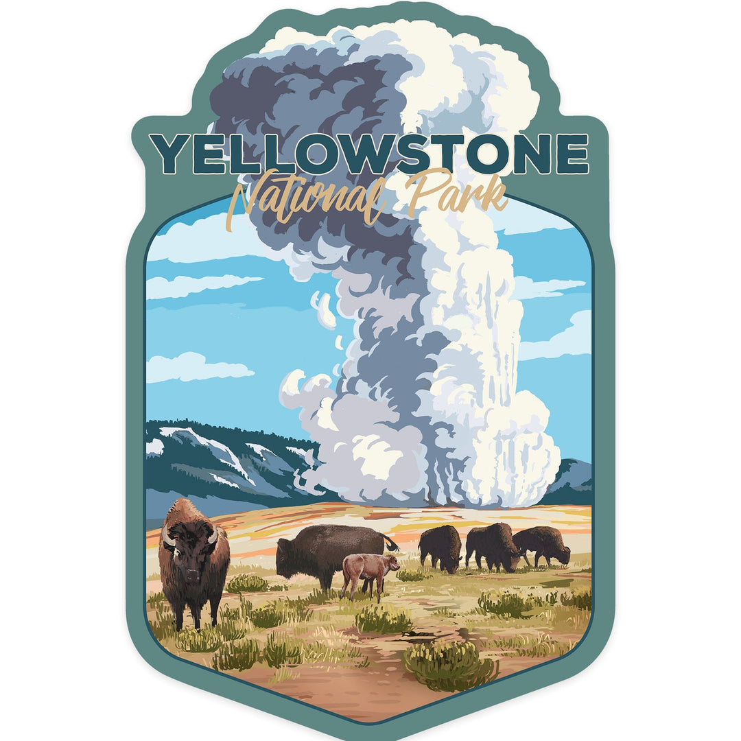 Yellowstone National Park, Wyoming, Old Faithful & Bison Herd, Contour, Lantern Press Artwork, Vinyl Sticker Sticker Lantern Press 