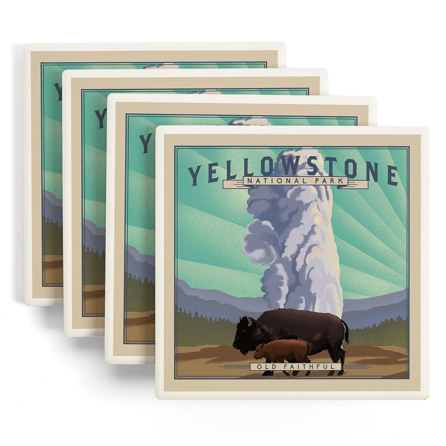 Yellowstone National Park, Wyoming, Old Faithful & Bison, Lithograph National Park Series, Lantern Press Artwork, Coaster Set Coasters Lantern Press 