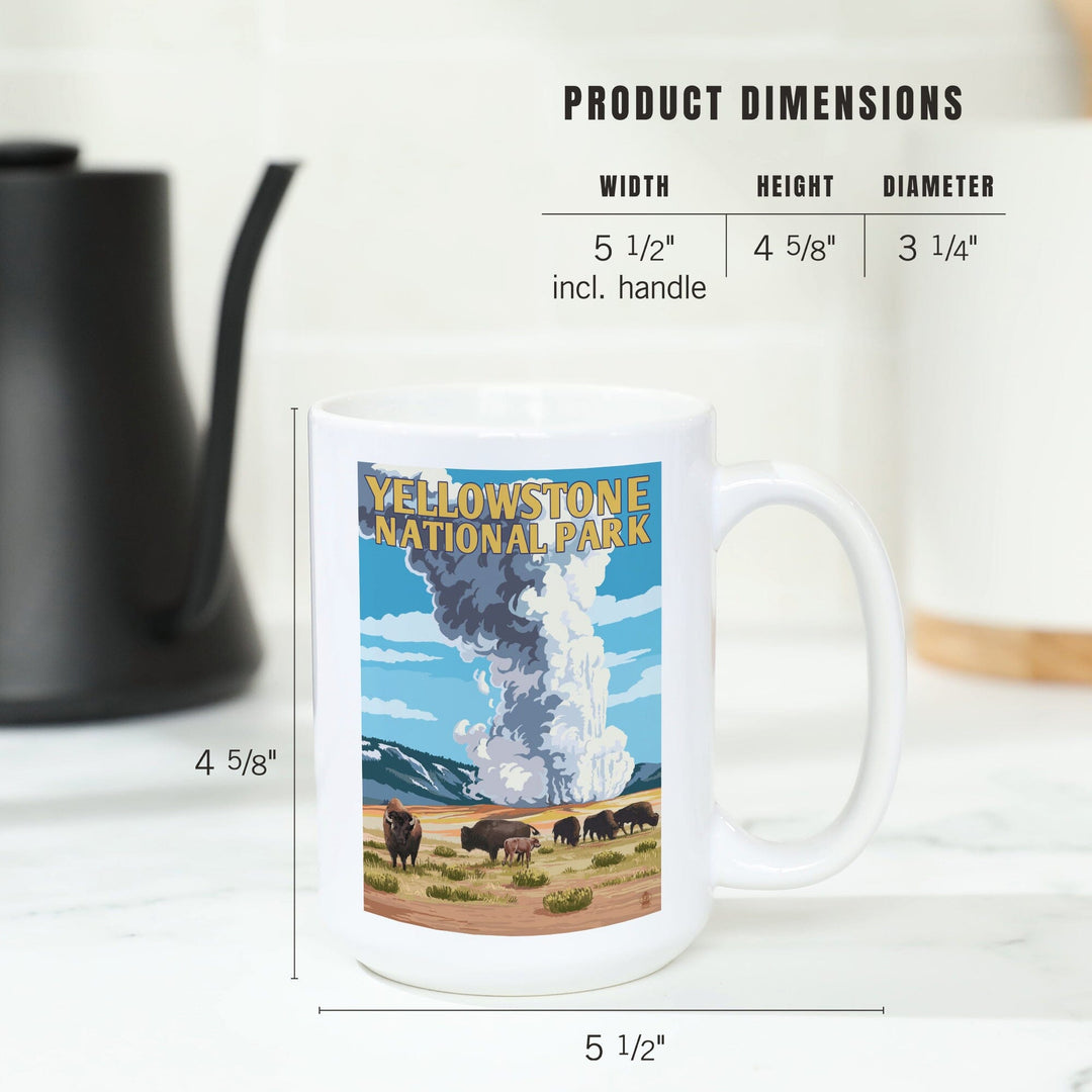 Yellowstone National Park, Wyoming, Old Faithful Geyser and Bison Herd, Ceramic Mug Mugs Lantern Press 