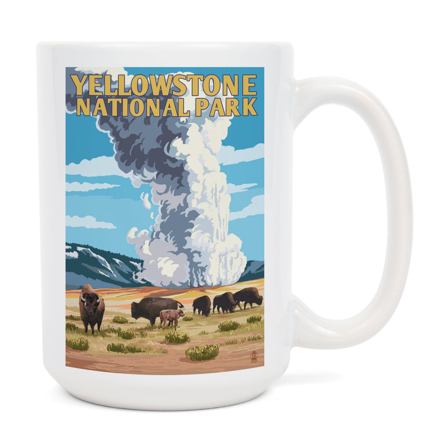Yellowstone National Park, Wyoming, Old Faithful Geyser and Bison Herd, Ceramic Mug Mugs Lantern Press 