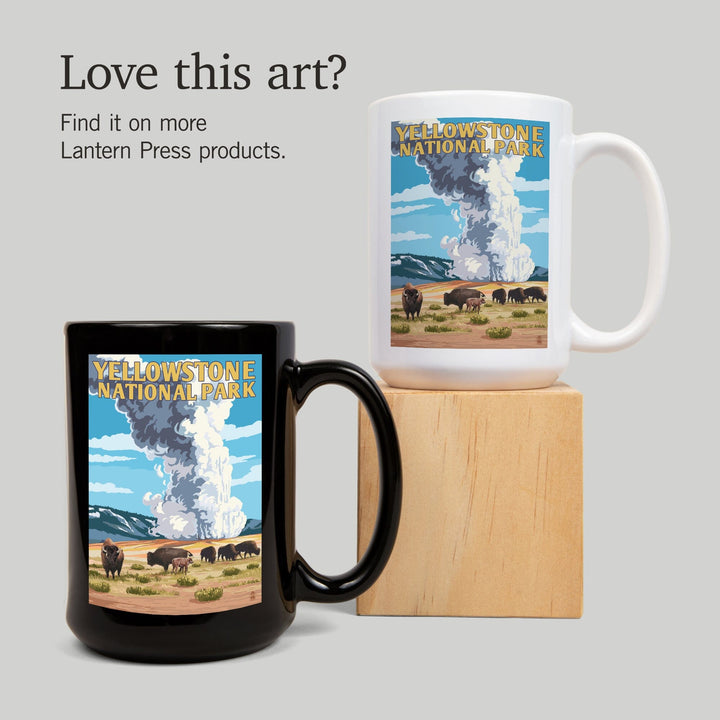 Yellowstone National Park, Wyoming, Old Faithful Geyser and Bison Herd, Ceramic Mug Mugs Lantern Press 