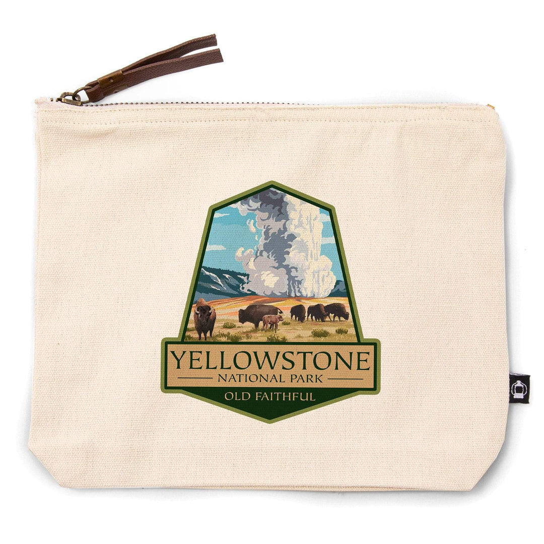 Yellowstone National Park, Wyoming, Old Faithful Geyser and Bison Herd,, Organic Cotton Zipper Pouch, Go Bag Go Bag Lantern Press 