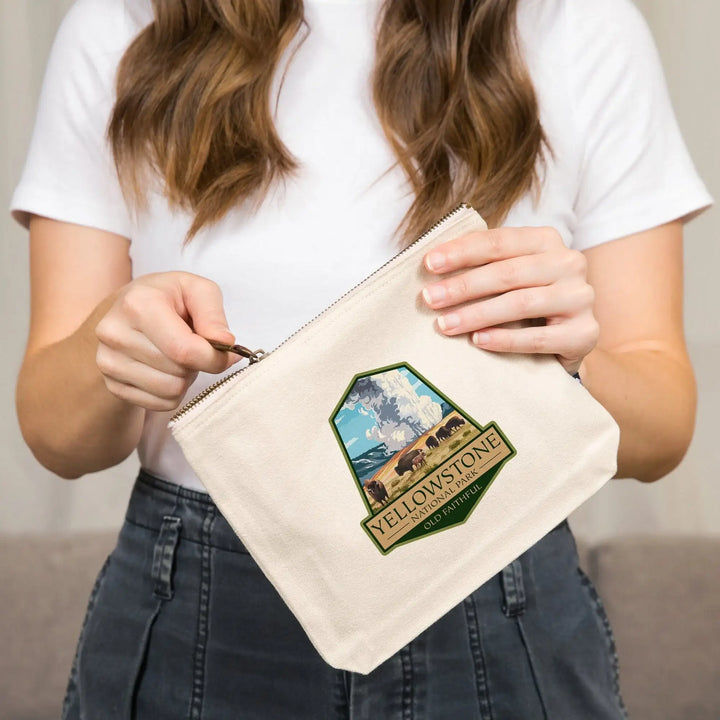Yellowstone National Park, Wyoming, Old Faithful Geyser and Bison Herd,, Organic Cotton Zipper Pouch, Go Bag Go Bag Lantern Press 