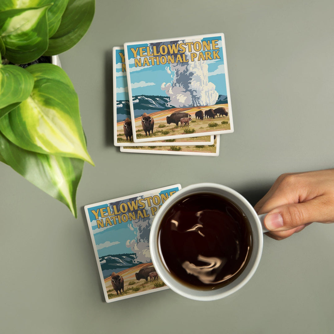 Yellowstone National Park, Wyoming, Old Faithful Geyser & Bison Herd, Lantern Press Artwork, Coaster Set Coasters Lantern Press 