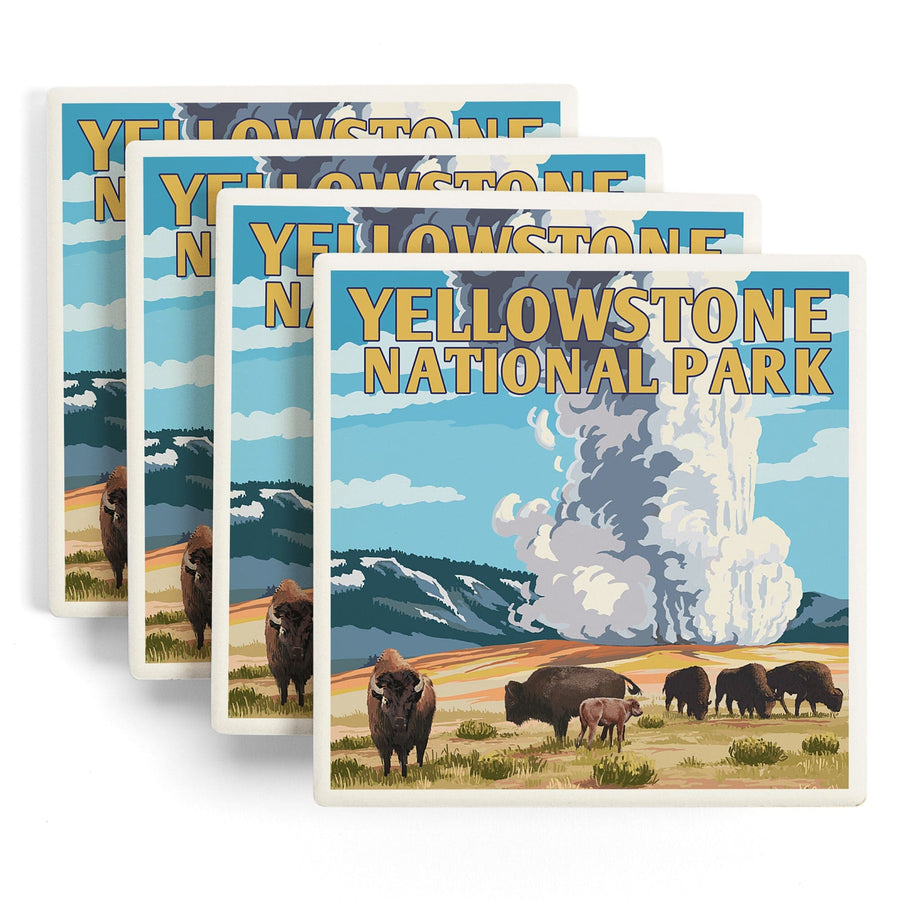 Yellowstone National Park, Wyoming, Old Faithful Geyser & Bison Herd, Lantern Press Artwork, Coaster Set Coasters Lantern Press 