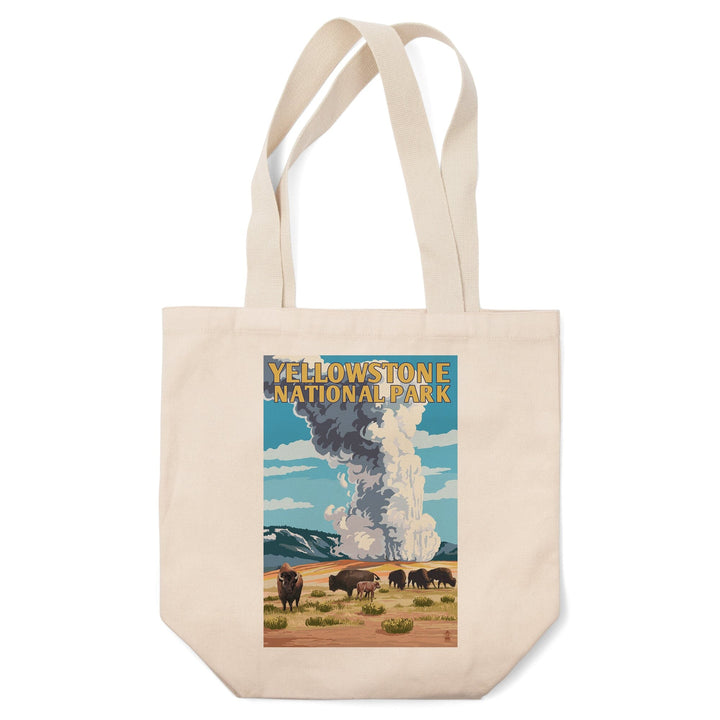 Yellowstone National Park, Wyoming, Old Faithful Geyser & Bison Herd, Lantern Press Artwork, Tote Bag Totes Lantern Press 