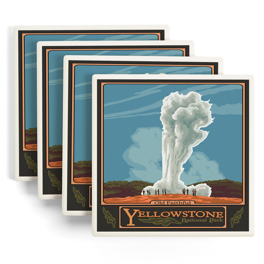 Yellowstone National Park, Wyoming, Old Faithful Geyser, Lantern Press Artwork, Coaster Set Coasters Lantern Press 