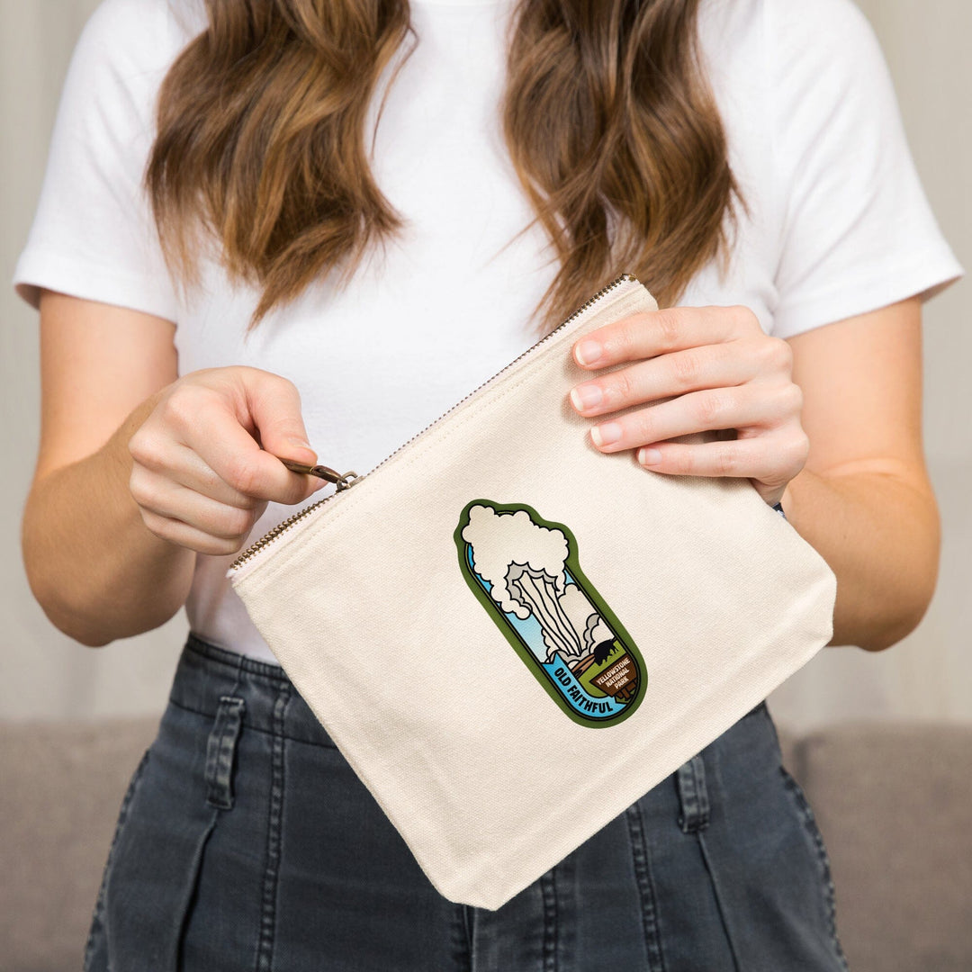 Yellowstone National Park, Wyoming, Old Faithful Geyser, Vector,, Organic Cotton Zipper Pouch, Go Bag Go Bag Lantern Press 