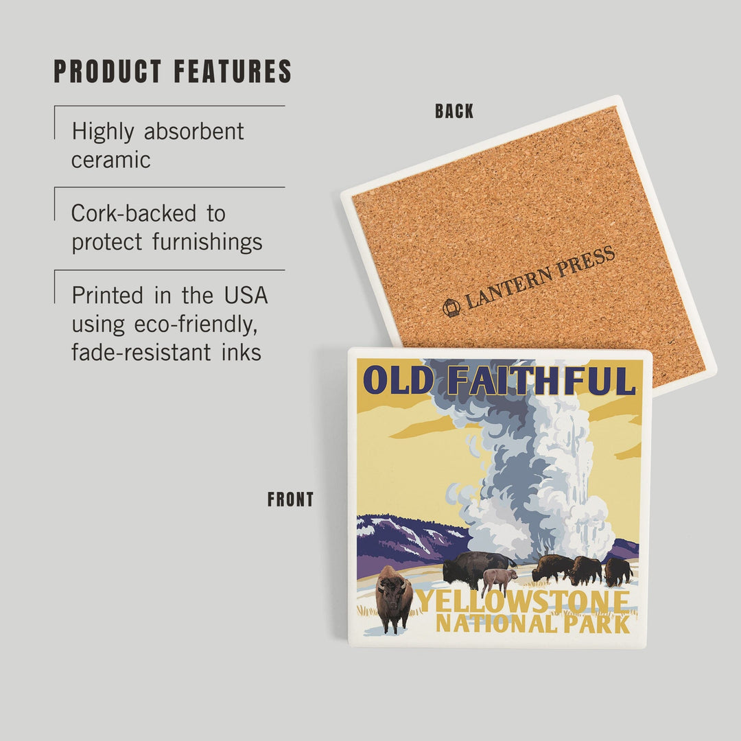 Yellowstone National Park, Wyoming, Old Faithful Geyser, WPA Style, Coasters Coasters Lantern Press 