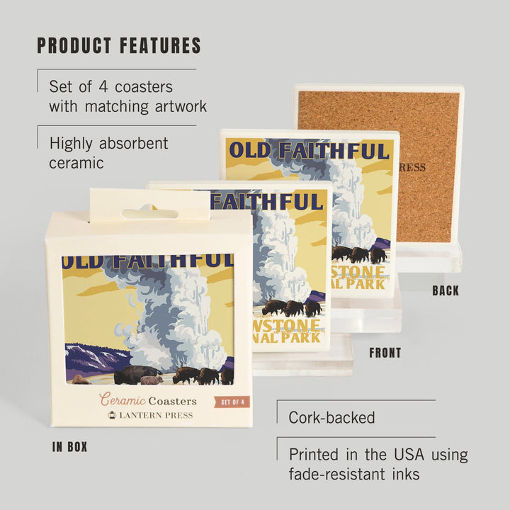 Yellowstone National Park, Wyoming, Old Faithful Geyser, WPA Style, Coasters Coasters Lantern Press 