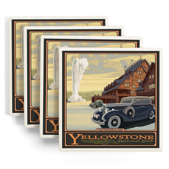 Yellowstone National Park, Wyoming, Old Faithful Inn, Lantern Press Artwork, Coaster Set Coasters Lantern Press 