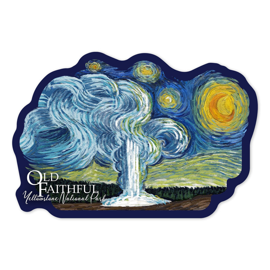 Yellowstone National Park, Wyoming, Old Faithful, Starry Night, Contour, Vinyl Sticker Sticker Lantern Press 