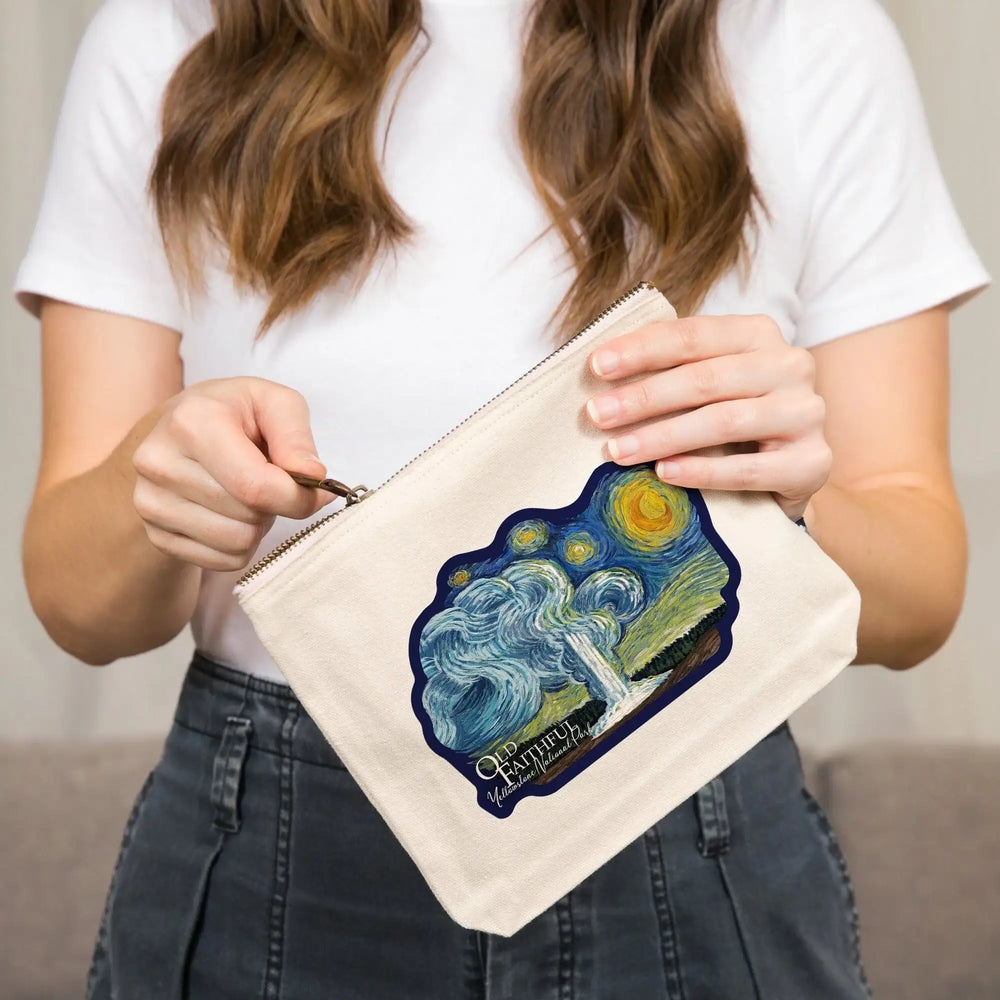 Yellowstone National Park, Wyoming, Old Faithful, Starry Night,, Organic Cotton Zipper Pouch, Go Bag Go Bag Lantern Press 