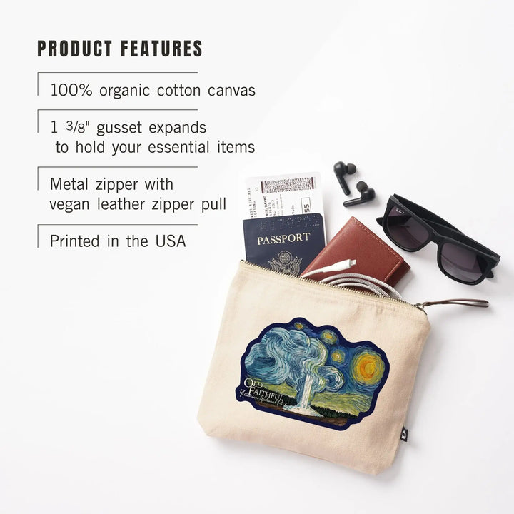 Yellowstone National Park, Wyoming, Old Faithful, Starry Night,, Organic Cotton Zipper Pouch, Go Bag Go Bag Lantern Press 